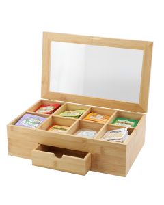 MegaChef 13 x 8 Inch Bamboo Tea Box Organizer with Acrylic Top Window