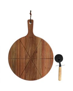 Gibson Elite 2 Piece Acacia Wood Serving Board and Pizza Cutter Set in Brown