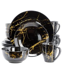 Elama Fine Marble 16 Piece Porcelain Dinnerware Set in Black with Gold Veining