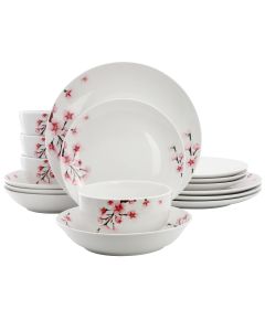Elama Tamara 16 Piece Cherry Blossom Porcelain Double Bowl Dinnerware Set, Service for 4 in White and Pink